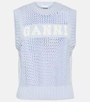 Свитер-жилет из смесового хлопка с логотипом Ganni, синий