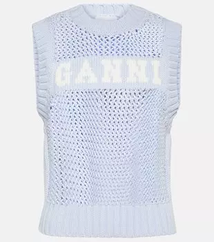 Свитер-Жилет из смесового хлопка с логотипом Ganni, синий