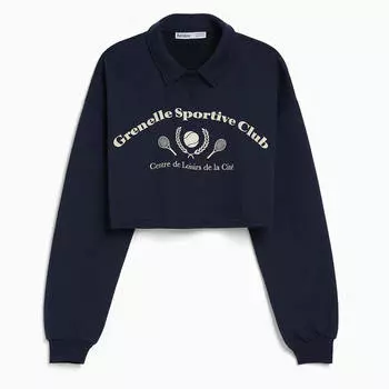 Свитшот Bershka Printed With Polo Collar, темно-синий