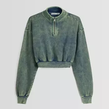 Свитшот Bershka Washed-effect Cropped, сине-зеленый