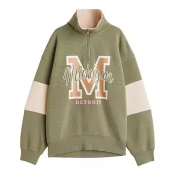 Свитшот H&amp;M Michigan Oversized Half-zip, зеленый хаки/пыльно-розовый
