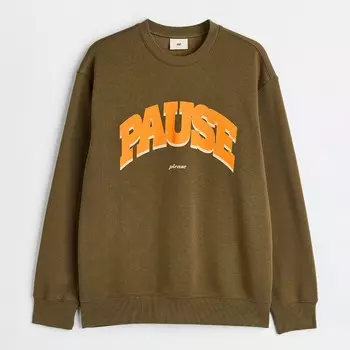 Свитшот H&M Relaxed Fit Printed Pause, хаки