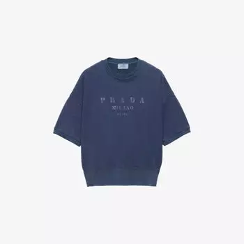 Свитшот Prada из хлопкового джерси с коротким рукавом и принтом логотипа, синий