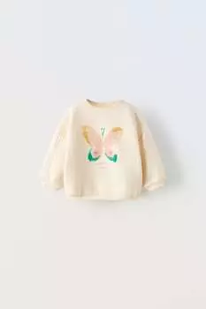 Свитшот с бабочкой ZARA, светлый экрю