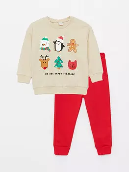 Свитшот с длинными рукавами и спортивным костюмом для маленьких мальчиков с круглым вырезом в новогоднем стиле, комплект из 2 предметов LCW baby