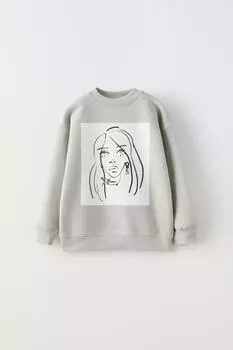 Свитшот с кукольным лицом ZARA, жемчужно-серый
