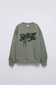 Свитшот с тисненым текстом ZARA, средне-зеленый