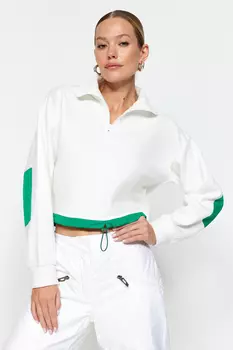 Свитшот Trendyol укороченный флисовый с воротником-поло, белый