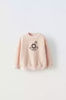 Свитшот в полоску с цветочным цветом ZARA, бледно-розовый