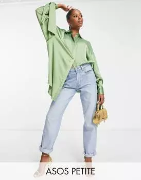 Свободная атласная рубашка цвета хаки с завязками на манжетах ASOS DESIGN Petite