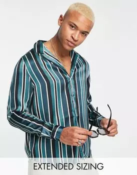 Свободная атласная рубашка с выраженными лацканами в сине-серую полоску ASOS