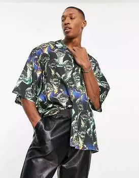 Свободная атласная рубашка с заниженными плечами и принтом в виде статуи ASOS