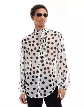 Свободная бело-черная рубашка в горошек с завязками на воротнике ASOS DESIGN