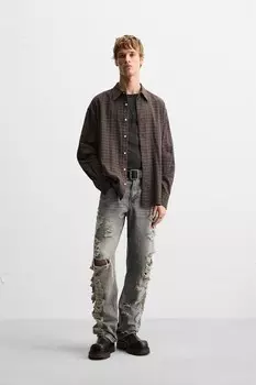 Свободная фактурная рубашка ZARA, коричневый/белый