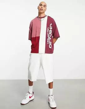 Свободная футболка бордового цвета в стиле колор-блок с принтом города Чикаго ASOS DESIGN