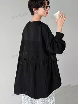 Свободная футболка, длинные рукава, воланный низ, для женщин, круглый вырез, рельеф плеч, на весну и лето Friful, черный