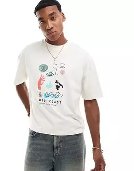 Свободная футболка oversize бежевого цвета с абстрактным принтом спереди ASOS DESIGN