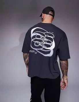 Свободная футболка оверсайз с принтом на спине в угольном цвете ASOS DESIGN