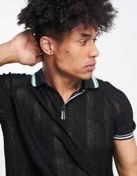 Свободная футболка-поло из черного кружева с отложным воротником ASOS DESIGN