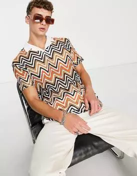 Свободная футболка поло revere ASOS DESIGN из ткани с геометрическим рисунком крючком
