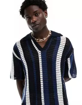 Свободная футболка-поло с полосками, связанной крючком, ASOS DESIGN