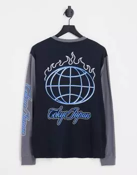 Свободная футболка с длинными рукавами ASOS DESIGN в черно-серых тонах с принтом Tokyo city