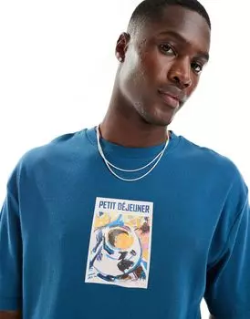 Свободная футболка в рубчик синего цвета с принтом на груди ASOS DESIGN