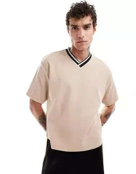 Свободная футболка вафельного цвета со спортивной отделкой ASOS DESIGN каменно-бежевого цвета
