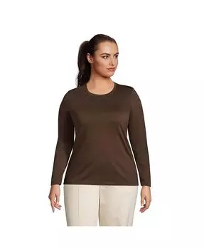 Свободная хлопковая футболка с круглым вырезом больших размеров Supima с длинными рукавами Lands' End, коричневый