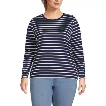 Свободная хлопковая футболка с круглым вырезом больших размеров Lands' End Supima, цвет Navy Breton Stripe