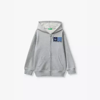 Свободная хлопковая толстовка с вышитым логотипом для детей 6-14 лет Benetton, серый