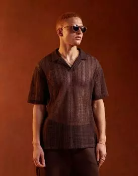 Свободная коричневая рубашка-поло Revere, связанная крючком, ASOS DESIGN