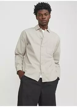 Свободная кремовая мужская рубашка JCOCOLLECTIVE ZAC OVERSHIRT LS SN Jack & Jones, кремовый