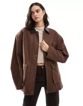 Свободная куртка ASOS DESIGN в грибно-коричневом цвете с воротником из искусственной кожи