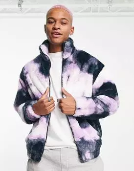 Свободная куртка из искусственного меха на молнии ASOS DESIGN с фиолетовым оттенком тай-дай