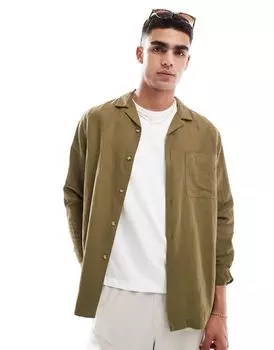 Свободная льняная рубашка цвета хаки с накладными карманами ASOS DESIGN