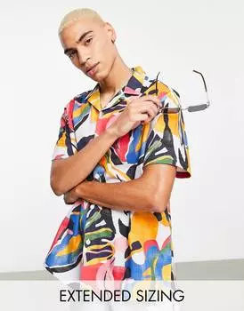 Свободная льняная рубашка с абстрактным принтом в виде листьев ASOS DESIGN
