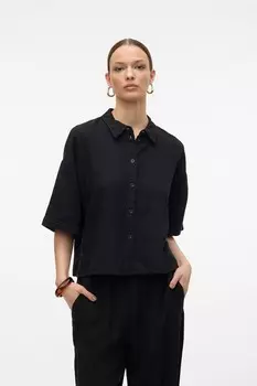 Свободная льняная рубашка с короткими рукавами Vero Moda, черный