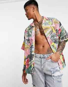 Свободная льняная рубашка с ярким винтажным принтом ASOS DESIGN