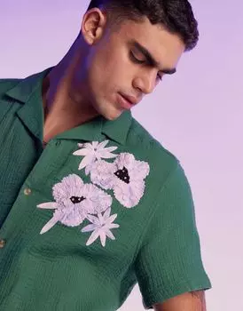 Свободная мятая рубашка ASOS DESIGN с цветочной аппликацией, вышитой вручную