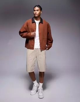 Свободная рабочая куртка ASOS DESIGN свободного кроя с воротником из искусственной кожи светло-коричневого цвета