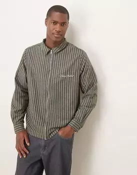 Свободная рубашка свободного кроя на молнии с вышивкой в полоску цвета хаки ASOS DESIGN