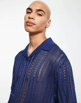 Свободная темно-синяя футболка-поло в рубчик ASOS DESIGN revere
