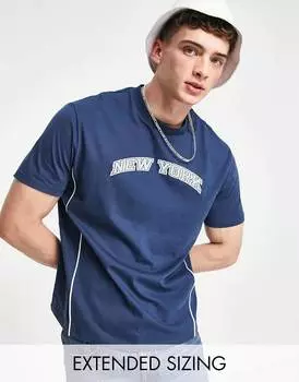 Свободная темно-синяя футболка с окантовкой и принтом в стиле Нью-Йорк ASOS DESIGN