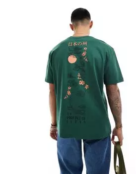 Свободная темно-зеленая футболка с сувенирным принтом на спине ASOS DESIGN