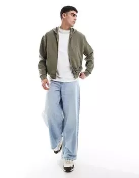 Свободная толстовка с капюшоном на молнии цвета хаки ASOS DESIGN