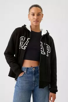 Свободная толстовка с капюшоном на молнии с подкладкой из шерпы и логотипом Gap, черный