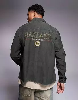 Свободная вельветовая рубашка с необработанным краем и вышивкой на спине зеленого цвета - MBLUE ASOS DESIGN