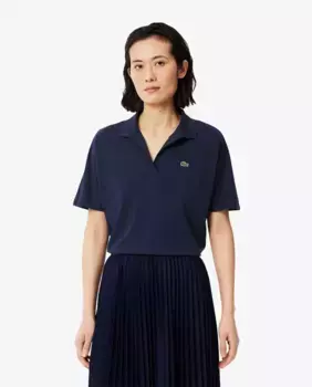 Свободная женская рубашка-поло из воздушного пике с короткими рукавами Lacoste, тёмно-синий