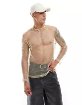 Свободная золотистая футболка с длинными рукавами и открытой сеткой ASOS